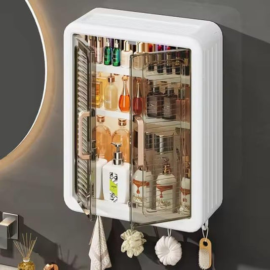 Wall Mounted Self Adhesive Bathroom Shelf Storage Cabinet for Kitchen Multipurpose Organizer with Doors and Shelves (Material- Plastic, White, Pack of 1)