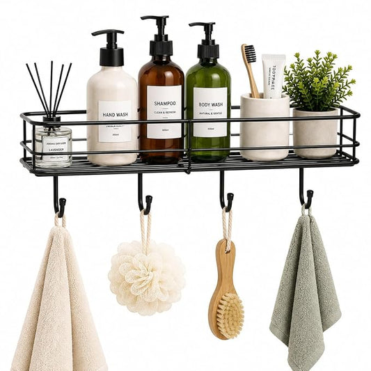 Self-Adhesive Bathroom Shelf with Hooks - Space-Saving Wall Mounted Shelf for Bathroom Essentials - Durable, No-Drill Required - Sleek Design. (Pack of 1)